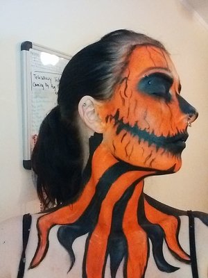 ***Inspired by Madeyoulook by Lex  - Pumpkin King *** Really wanted to try the same look, but orange instead, so it is very very similar (though not quite as well done *bow to the champion* lol) And no sclera contacts.  
Used:
- Snazzroo (orange)
- Mehron (Black, white)