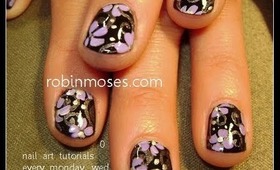 BLACK SHORT NAIL WITH LAVENDER FLOWERS: robin moses nail art design tutorial