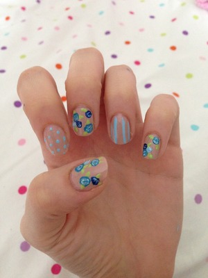 #summer #nailart #nails #floral #stripes #polkadots #blue #nude