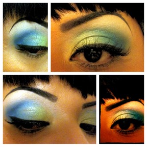 5 shadows yellow green blue navy and bone color black gel liner. 

Eye Primer benifit stay don't stray. 