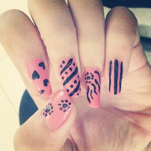 pink and black self made nails