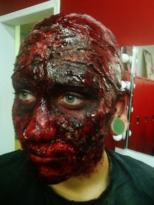 bald cap again, liquid latex, ben nye effects, thick blood, and professional color palets !
