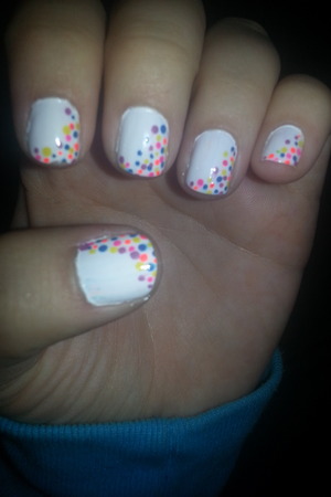 white with colorful polka dots