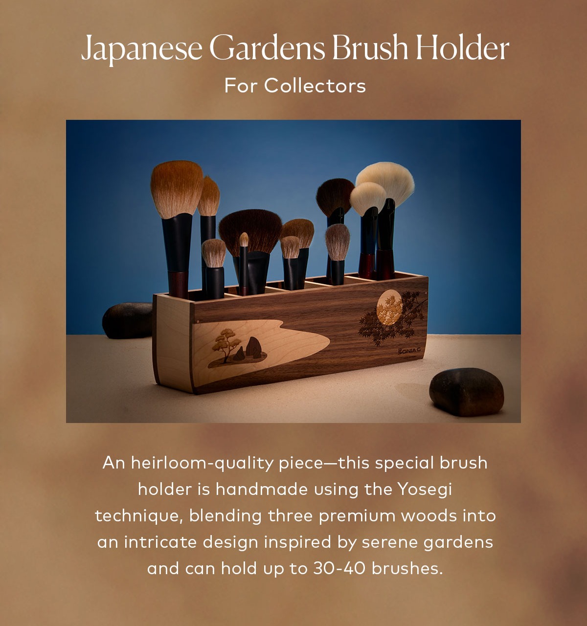 An heirloom-quality piece—this special brush holder is handmade using the Yosegi technique, blending three premium woods into an intricate design inspired by serene gardens and can hold up to 30-40 brushes. Shop the Sonia G. Japanese Gardens Brush Holder on Beautylish.com! 