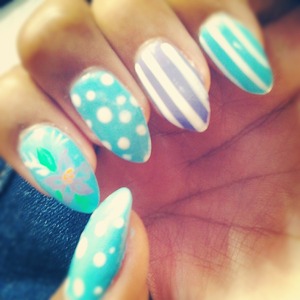 Stripes, blue, pointed nails, purple, polka dots, flower, spring