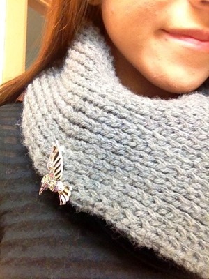 DIY scarf with cute bird pin to bring it all together. 