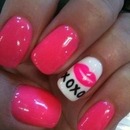 Hot Pink and White Nails with lips and XOXO