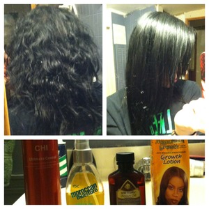 1- I wash my hair and apply the Profectiv Growth lotion (Walmart) and let it dry. I wait til the day after my hair has been washed to straighten it.
2- I section my hair horizontally in half-inch sections and spray it a couple times with the FX moroccan oil (CVS, Walmart, ULTA) and straighten each section in 1inch increments.
3- Once my hair is done, I spray it down with the CHI hairspray (professional supply stores)
4- In the days after, I'll apply the One N Only Argan oil (ULTA, Sally's) just to keep it shiny and because this product smells amazing.