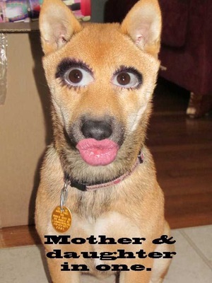 A friend of mine thought it would be funny to put my eyes n lips on my dog.lol I Iike it!