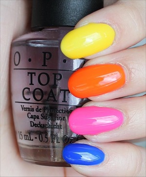 See my in-depth review and more swatches here: http://www.swatchandlearn.com/opi-neon-revolution-mini-set-swatches-review-pictures/ From index to pinkie (all OPI): Don't Say It - Yellow It!, The Time Is Pow!, Pink Outside the Box & Blue It Out of Proportion