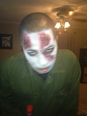 I used the S/B Foundation in Porcelain along with Jelly to form the wounds in his face with fake liquid blood.