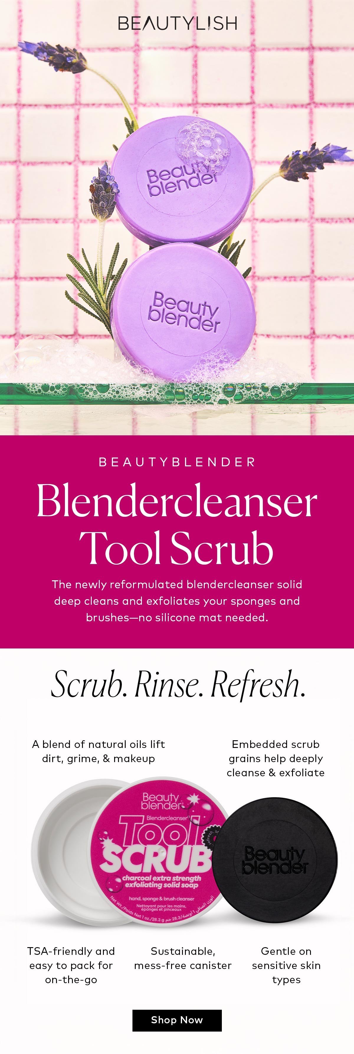 The newly reformulated blendercleanser solid deep cleans and exfoliates your sponges and brushes—no silicone mat needed. Shop the beautyblender Blendercleanser Tool Scrub on Beautylish.com! 