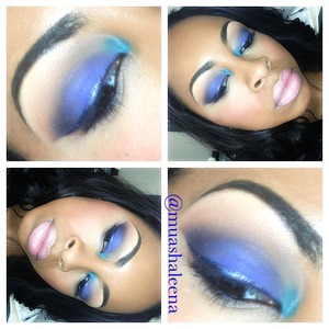 A soft blue look with a little teal in the inner tear duct. With pretty soft pink lipstick 
