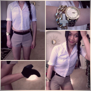 My OOTD: Paired my thrifted cropped dress-shirt with some high-waisted color blocking shorts from F21, synched with a leopard belt from NastyGal, paired with a leopard watch from Betsey Johnson and a cross chain bracelet from tobi's, and all pulled together with a black ankle bootie from ShoeDazzle. 