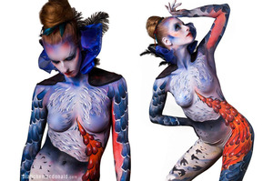 Makeup by Blanche Macdonald Makeup graduate Marie-Helene Babin, finished product of a live featured body painting demonstration at the Lab Art Show, Vancouver.

“This body paint was inspired by the importance of birds; the symbolism they carry across different cultures, folklore and history. Humans have always had a fascination with birds, for their natural ability for reaching the sky; which they won’t ever be able to do without a little bit of manufactured help! 'A Little Bird Told Me' is a tribute to freedom, and to the realm of dreams; to the unknown and the infinite.

Most of the body paint was done by hand, and the main product used was Kryolan Aquacolour. As my model had to wear the body paint all day, for a photoshoot as well as an art show, I used Ben Nye Final Seal to dilute my paints (as opposed to water), so that it provided a longer lasting quality to the paint. 

Some details and textures were airbrushed, like the little black birds, the clouds on the leg, the blue contouring the cheekbone and forehead, and a range of different brands for airbrush were used (Kett, Kryloan, Ben Nye). The silver was Mehron Metallic Silver Powder and it was mixed with Ben Nye Final Seal and airbrushed, or painted by hand.

For the face, Make Up For Ever powder blush in orange was used as a highlight. The eyes were done by hand with Kryolan Aquacolour and a fine textured brush that allowed me to do very fine lines and create a feather-like effect. For the lips I used Kryolan orange from the Lip Rouge Palette, as orange was the accent for this body paint! I also speckled fluorescent orange in some areas of the body, as a highlight and to provide more texture.

Ben Nye Glitters “sparklers” silver prism was applied over the paint as a highlight in the end. The prism is a fantastic glitter; it catches and reflects the light very nicely, and it looks really good with all colours because of the reflecting light property.”

Body Paint: Marie-Helene Babin Makeup Artist
Hairstylist: Leanne Chapman
Photographer: Cyrus Wu Photography
Model: Kristen Brown
