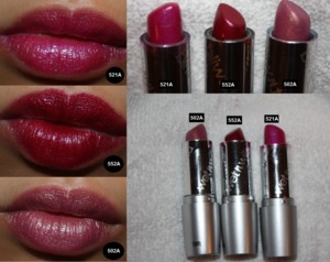 Swatches of Wet n Wild Silk Finish Lipstick in 502, 521, 552

Review: http://nomnomcakee.blogspot.com/2011/10/review-swatches-wet-n-wild-silk-finish.html