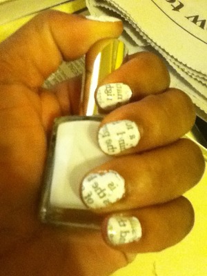 My First Time Doing The Newspaper Nail Design. I Used White Nail Polish As The Base Color :)