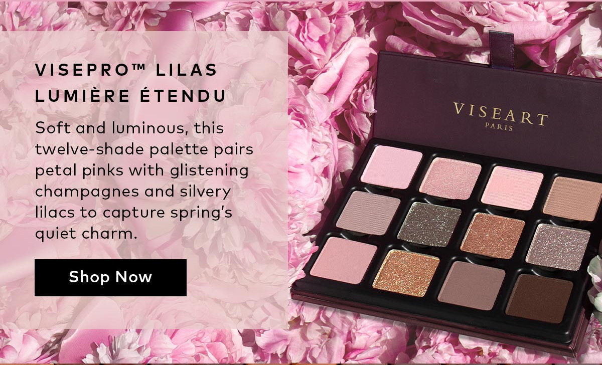 Soft and luminous, this twelve-shade palette pairs petal pinks with glistening champagnes and silvery lilacs to capture spring’s quiet charm.Shop the Viseart VisePRO Lilas Lumiere Etendu 