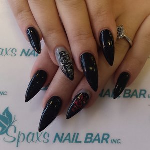 stiletto acrylic nails with hand drawn designs