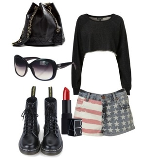 American Flag Short, Chanel Sunglasses, Combat Boot, Crop Sweater Top.