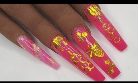 Hot Pink Bee Acrylic Nails