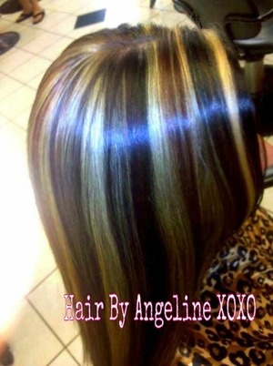 Highlights& Lowlights done By Me. Colorline used: Tigi Colour: 2N, Intense Red mixer (a few ribbon inches)w/4N, Togo Lightener.