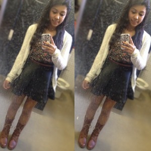 Faux Leather Skirt; Forever21, Cream Cardigan; American Eagle Brown Combat Boots; Sheik, Brown Belt; Forever21, Floral Crop Top; Papaya. Sorry for the bad quality >.< 