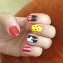Red black yellow Mickey Disney gel mani nails polka dots 