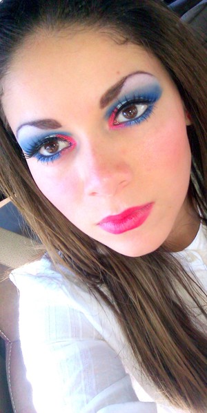 full face 4th of july look read white and blue with a soft red lip 