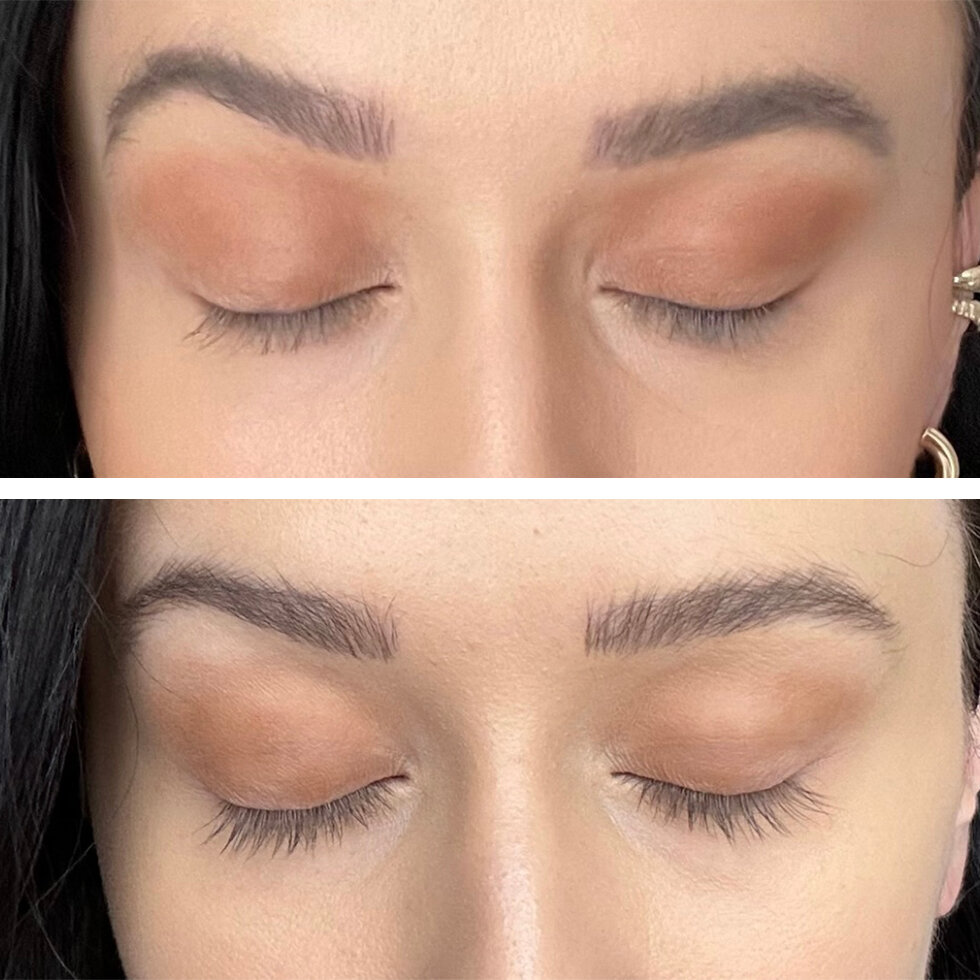 Before & after using the Plume Science Lash & Brow Enhancing Serum Elite