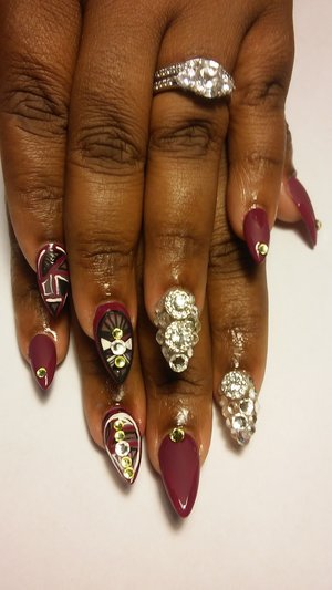 burgundy nails with bling by SauceC Nailz