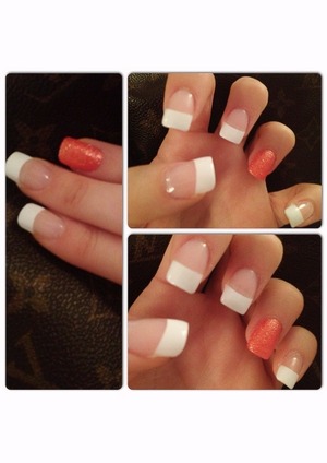 French tips with a pop of sparkly coral. 