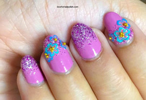 Detail Tutorial http://lovefornailpolish.com/pink-glitter-nail-design-flower-stickers