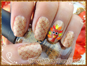Base: Loreal .:. Broadway Boogie topped w/ Spoiled .:. Pirate’s Booty
For the turkey I used: Migi Nail Art Pen .:. Metallic Brown, Migi Nail Art Pen .:. Metallic Yellow, Sinful Colors .:. Bad Chick and Orly .:. Liquid Vinyl
Stamping Color .:. Orly .:. Buried Alive
Plate: Bundle Monster BM-310
