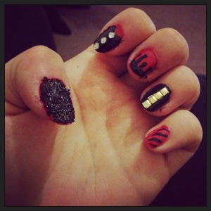 Red and black studded, caviar, jewelled, painted nails 