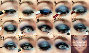1.) Black eyeliner pencil over most of lid (not all). 
2.) Blend out with finger. It does not have to be perfect. 
3.) Pat blue eyeshadow on top. (I deleted the pic, but blend the blue up to the brow bone.)
4.) Add some black eyeshadow to the lid if it's not dark enough for your liking. 
5. Lightly add a shimmer to the lid. (mine was a blue/teal one) 
6.) Add a white highlight under the brow and blend in with the blue to make the shape you want. 
7. Under the lower lashes, working from the outer part inwards, add black eyeshadow to half the lid. 
8.) Add blue to the to the rest, but not around the tear duct. 
9.) Use a white eyeliner pencil on the inner part of the eye and on the bottom around the tear duct. 
10.) Apply a shimmery white on top of the liner and blend in. 
11.) Liquid liner on  the top lid. 
12.) Black pencil liner on te tight/water line. 
Curl lashes, apply mascara, fill in the eyebrows, and done!!