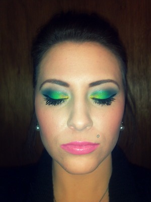 Makeup of the day- Golden yellow, green, and blue with w/ NYX Narcissus lipstick