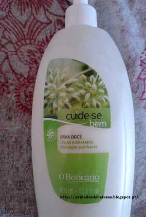 Moisturizing lotion very fresh and soft. It moisturizes and soothes the skin (view the review at my blog: http://cuidadosdebelezas.blogspot.pt/2012/05/locao-hidratante-de-erva-doce-o.html)