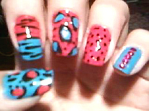 SORRY Its So Blurry But This Is My New Design Pink,Black And Blue The Colors Are
Pink: 470,Speedy Sunburst (Sally Hansen)
Blue: 430,Brisk Blue (Sally Hansen)
Black: Black (Art Deco Nail Lacquer)
Hope You Love ,I Do!!
XOXO