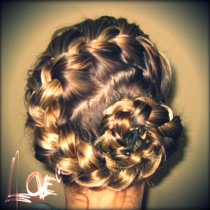 French braided across back of head, once I reached the opposite side, braided rest of hair straight across and elastic the end. Wrap in a bun in the space with no braid and pin in place.