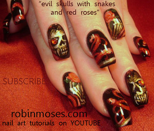 evil skulls with snakes and red roses