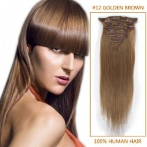 30 Inch #12 Golden Brown Clip In Remy Human Hair Extensions 7pcs