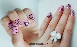 Pink zebra nails - painted on pink glittery nails! *__* 