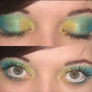 Fun, colorful look with Urban Decay shadows and Rimmel liners. 