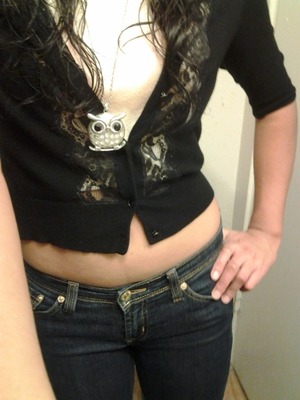 Parker Jeans, Black Express shirt, nude crop top n owl piece.