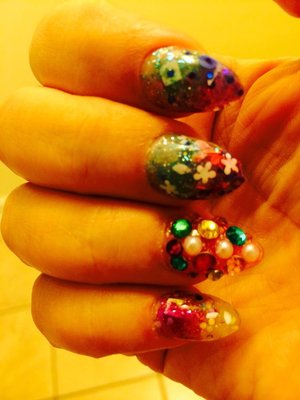 almond nails, rhinstone, colorful 
