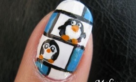 Cute Winter Nail Art - Penguin Hotel Animal Tutorial Design Freehand tux happy feet