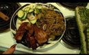 Char Siu Roast with chow mein and pickled Chinese cucumber