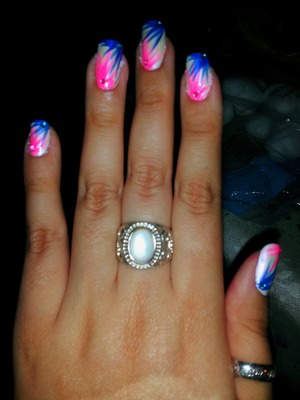 Nail design. Blue Pink White. Feathery. Feathery. Nail gems. Striper brush was used. 