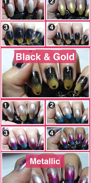 The term “Ombre” is becoming more and more popular each day with celebrities sporting Ombre hairstyles or Ombre outfits or Ombre nails. So, why should you be left behind? Today I will show you two easy to do and very classy looking Ombre nail art designs. The technique is similar to sponging and even beginners can do this. Read More: http://www.stylecraze.com/articles/amazing-ombre-nail-art-tutorial-with-detailed-steps-pictures/